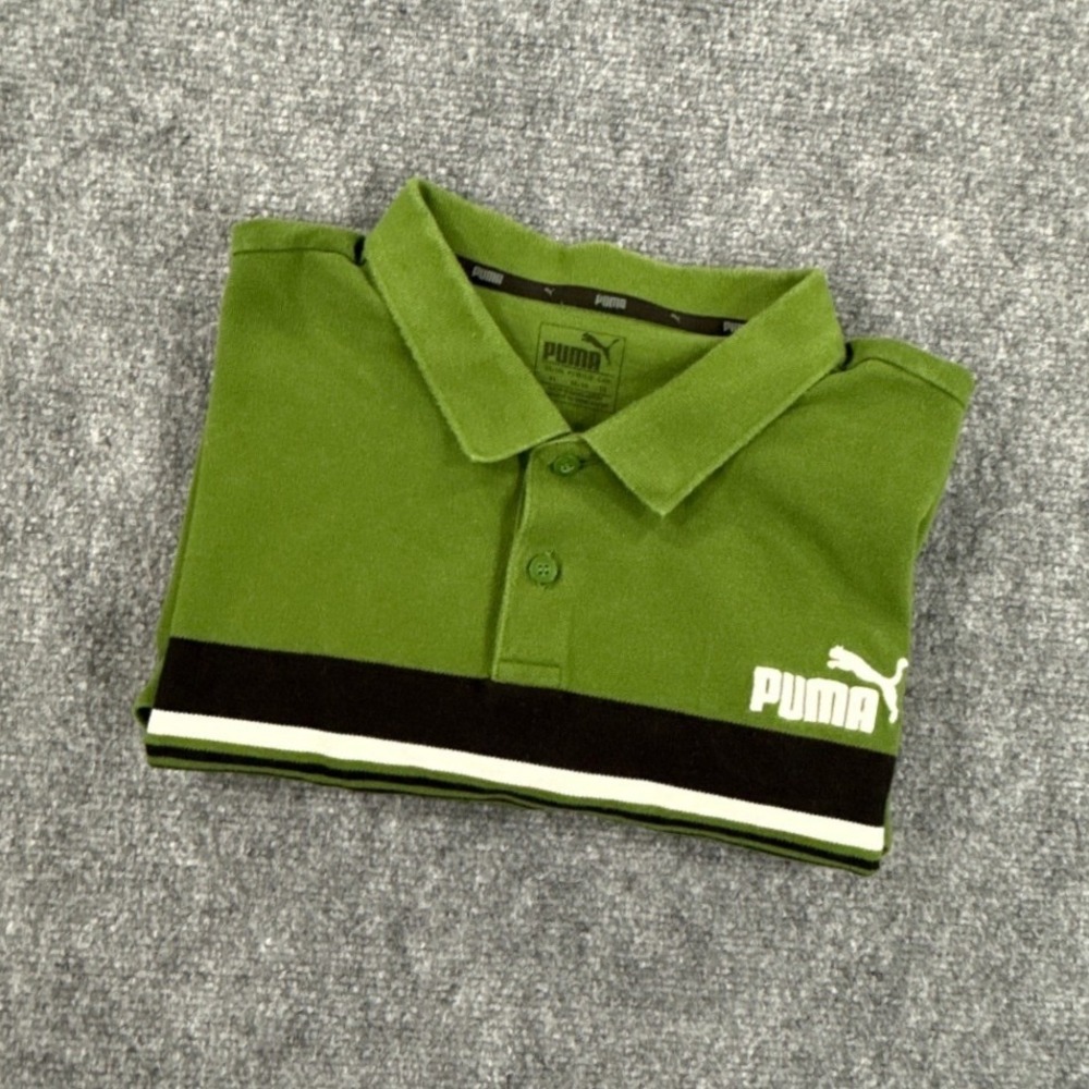 Puma Polo Shirt Mens L Green Black White Stripe Short Sleeve Logo Casual
